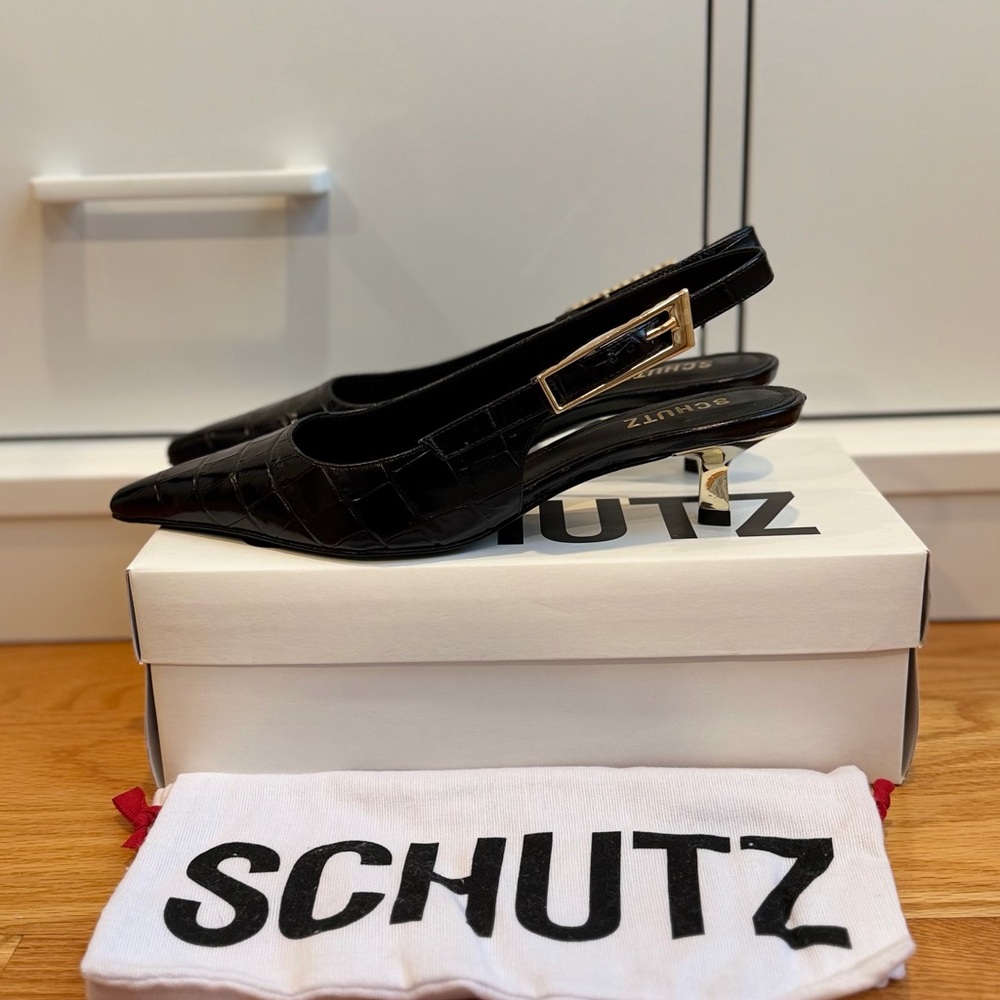 SCHUTZ Black Croc-Embossed Slingback Heels